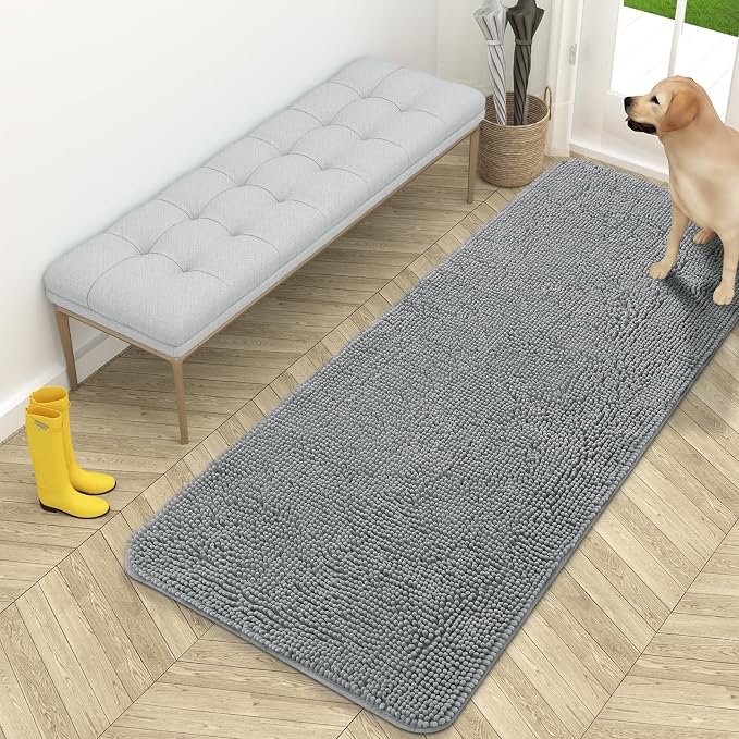 OLANLY Dog Door Mat for Muddy Paws 59x24, Super Absorbent Chenille Mud Mat | Grey, Absorbs Moisture and Dirt, Non-Slip Machine Washable Doormat, Quick-Drying Indoor Entryway Floor Carpet for Dogs