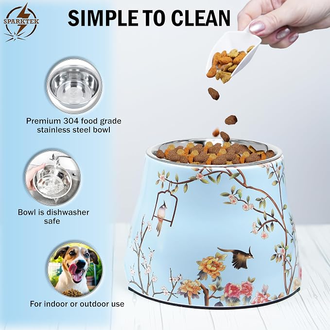 Ceramic Dog Bowl 7 inch Height for (30-55lbs) Medium Size Dogs Includes Food-Grade 304 Stainless Steel Bowls Non-Slip 3.8 Cups(860ml) Bowl Feeder in an Artful and Design(Blue)