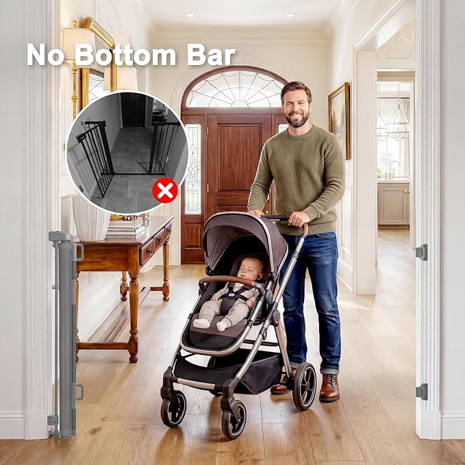 Retractable Dog Gate for Doorways, Indoor/Outdoor Safety Mesh Baby Gates for Stairs, 33" Tall Expands Up To 60" Width, Space-Saving&One Handed Operation Puertas Para Bebes for Hallways, Decks, Porches