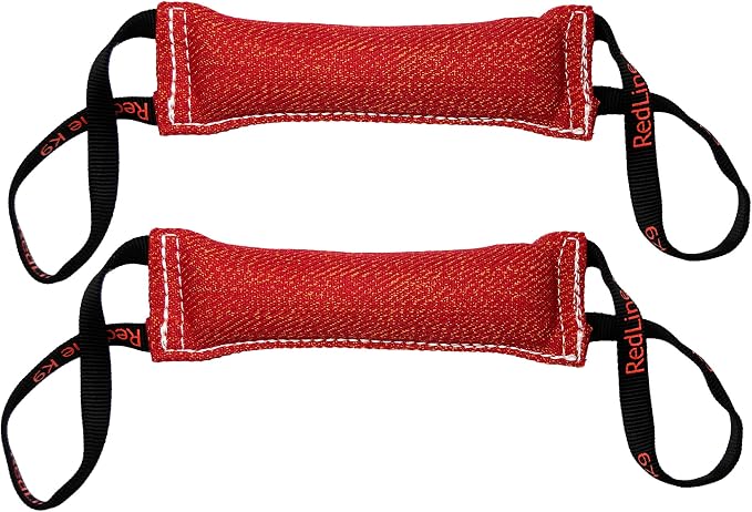 Redline K9 Bundle of 2 French Linen Dog Tug Toys (3" x 10") 2 Handles (RED)