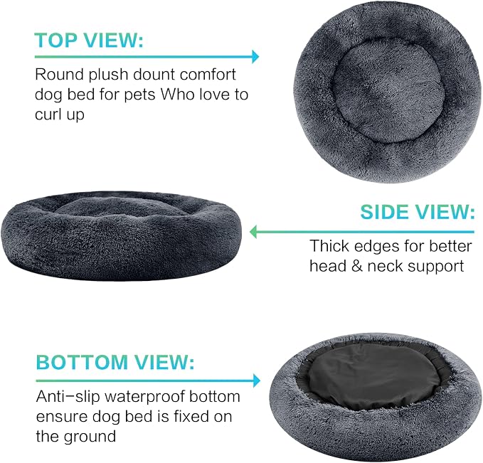 SAVFOX 45 inches Calming Donut Dog Bed - 3X Durable Plush Faux Fur, Machine Washable & Non-Slip, Fits up to 150 lbs, Dark Grey