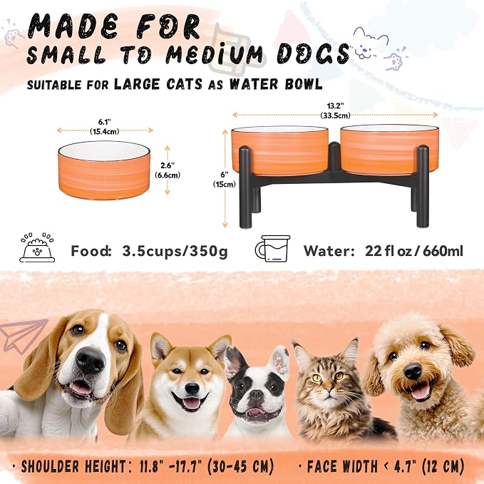 Ceramic Elevated Dog Bowl Set, 6.1''Raised Dog Food and Water Bowl Set with Non-Slip Stainless Steel Stand, Double Raised Dish for Small and Medium Breed, 3.5 Cups / 22 Fl Oz,Orange