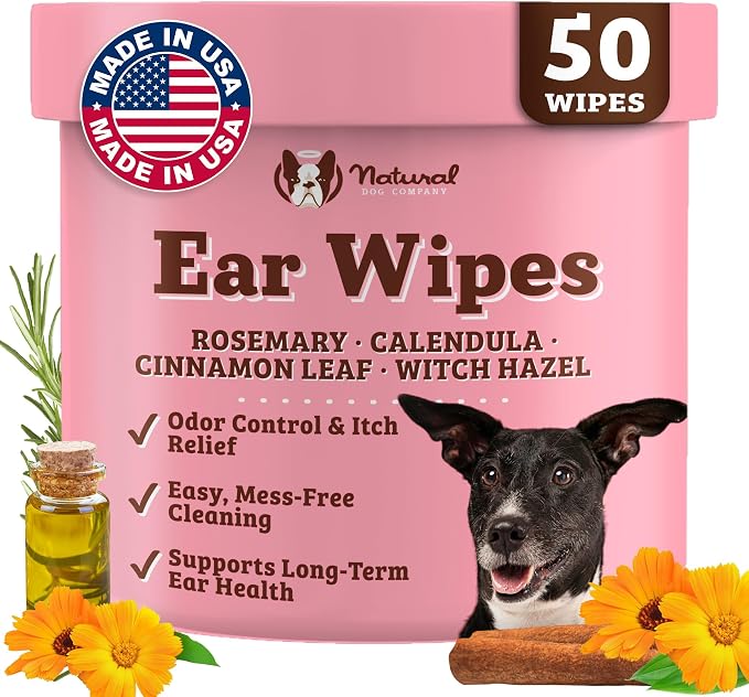 Natural Dog Company Ear Wipes for Dogs – Gentle Ear Cleaning Wipes for Wax, Odor & Itchy Ears, Soothing Cleaner with Aloe & Witch Hazel for Daily Care, 50 Count