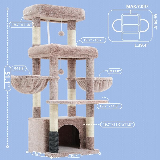 Hey-brother Cat Tree Tower with Extra Large Platform, Big Condo, MPJ070MU | 51.1 Inches Scratching Posts with 2 Cozy Hammocks, Self-Grooming Brush for Indoor Adult Cats, Maine Coon, Muchroom