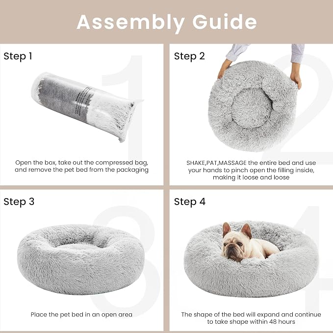 Love's cabin Calming Cat Bed for Indoor Cats, Anti-Anxiety Donut Round Dog Bed, Fluffy Faux Fur Washable Pet Bed for Small Medium Dogs and Cats, Grey, 20in