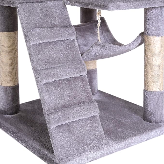 lionto Scratching Tree for Cats with Hammock & Tunnel, Height 52,4 in, cat Tree with sisal Rope & Soft Plush, Cozy Lying Areas & Caves, Suitable for Small & Large Cats, Light Gray