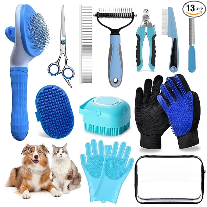 Dog Brush for Shedding 13pcs Bath Grooming Kit with Pet Nail Clipper and File - Dog Bath Brush Cat Grooming Supplies, Dematting Comb Bath Brush Shampoo Scrubber for Dogs and Cats