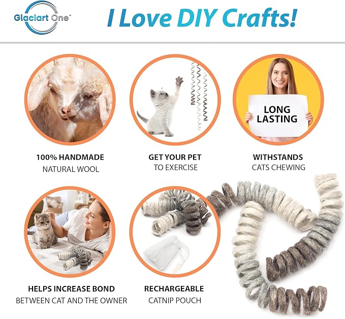 Glaciart One Felt Spring Cat Toy – 3 Pcs Soft Fuzzy Enrichment 100% Natural Wool - Interactive Stretchable Play Cat Toy Set - Safe for Pets, Non-AZO Colored Dyes - 30” Long