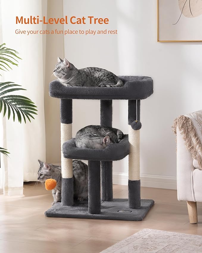 27.6-Inch Cat Tree, Cat Tower for Indoor Cats, Cat Condo for Large Cats, Small Cat Tree with Scratching Post, Toy Balls, for Kittens, 2 Soft Platform, Dark Gray