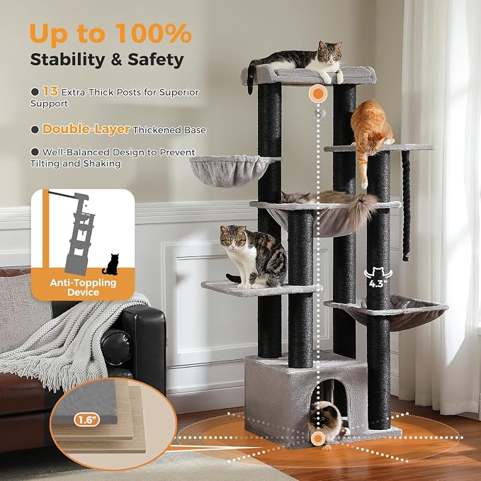 67" Cat Tree with 13 Thick Posts & 3 Hammocks, Maine Coon, Gray | 13 thick 4.3in sisal posts, XXL cozy cat condo, Extra large top perch, 3 spacious hammocks, Supports Maine Coon 20 lbs