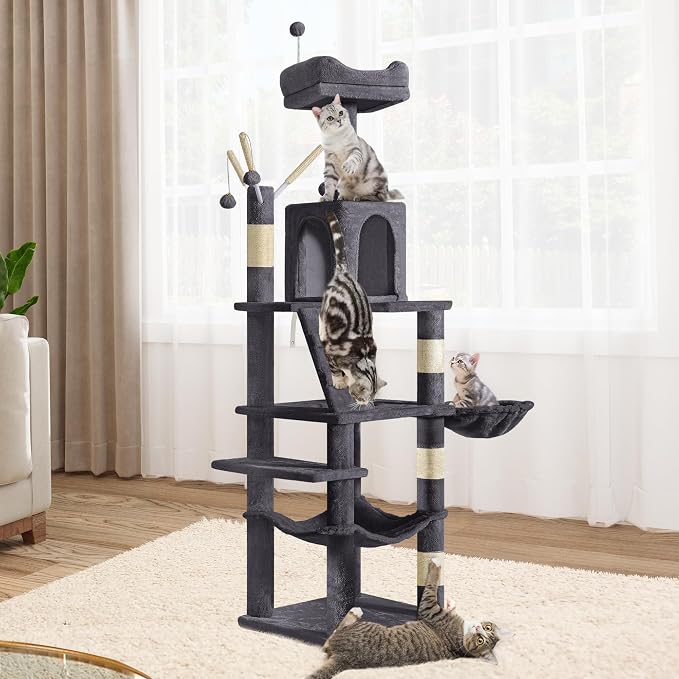 YITAHOME 64.5" Cat Tree, Multi-Level Cat House, Large Cat Condo Furniture with Perch Hammock, Scratching Posts and Dangling Balls for Kittens, Cats and Pets,Dark Gray