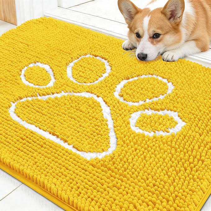 OLANLY Dog Door Mat for Muddy Paws 30x20, Paw Print Design Chenille Mud Mat | Yellow, Absorbent, Traps Moisture and Dirt, Non-Slip Washable Doormat, Quick-Drying Indoor Entryway Floor Carpet for Dogs
