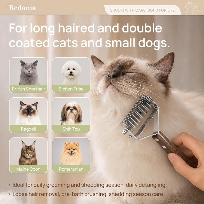 2 in 1 Cat Brush for Dematting & Deshedding, Undercoat Rake | Stainless steel undercoat rake for cats and small dogs helps remove loose hair, mats and tangles; grooming comb included
