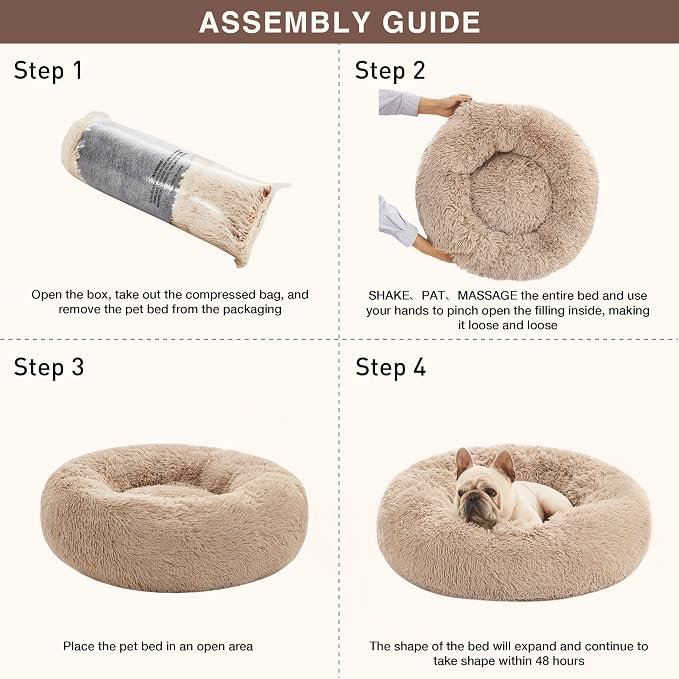 Love's cabin Calming Cat Bed for Indoor Cats, Anti-Anxiety Donut Round Dog Bed,Fluffy Faux Fur Washable Pet Bed for Small Medium Dogs and Cats, Taupe, 24in