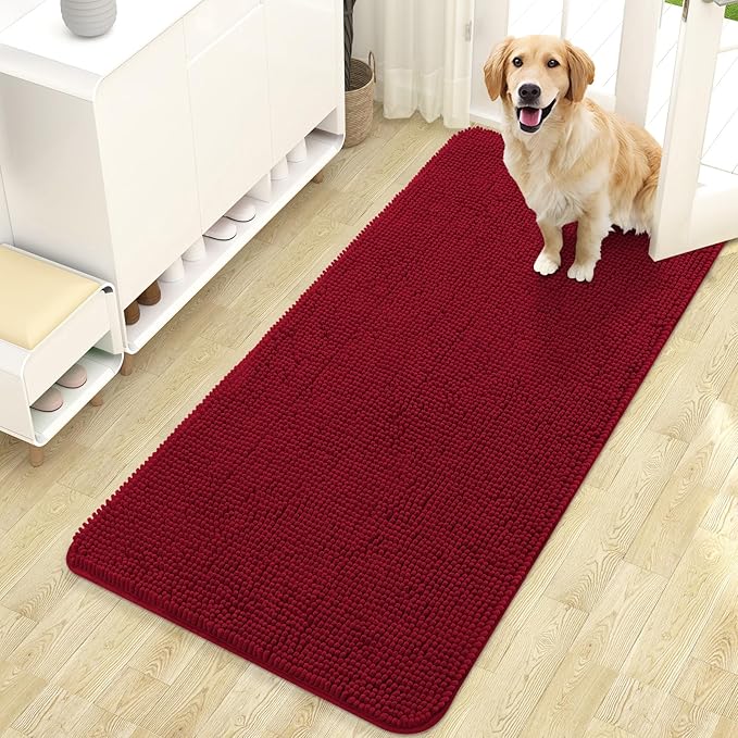 OLANLY Dog Door Mat for Muddy Paws 47x24, Super Absorbent Chenille Mud Mat | Red, Absorbs Moisture and Dirt, Non-Slip Machine Washable Doormat, Quick-Drying Indoor Entryway Floor Carpet for Dogs