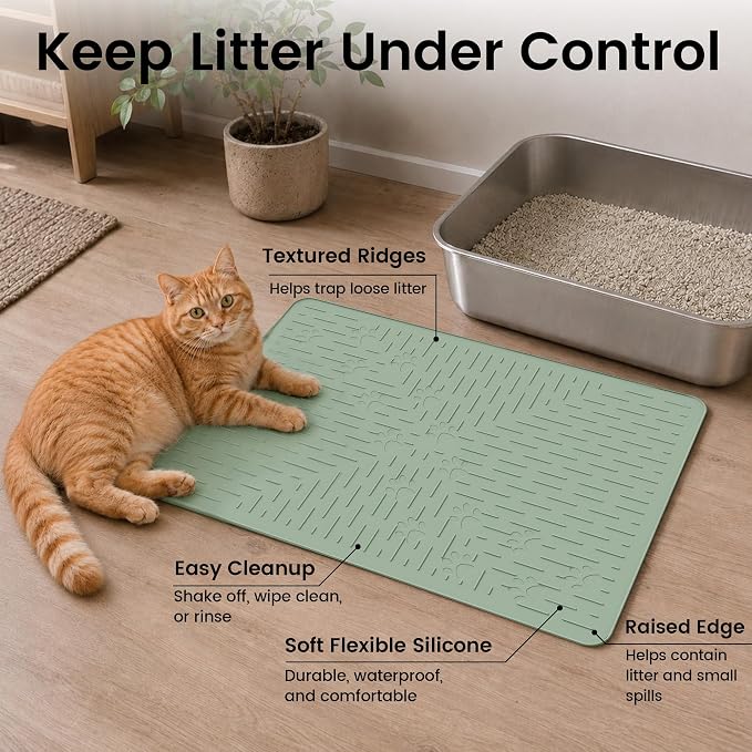 OHMO Cat Litter Mat 23.5x16 Silicone Trapping Mat Sage Green | for Kitty Litter Box, Easy Clean, BPA Free Rubber, Center Litter Collection, Easy Pour-Back, Waterproof, Odor-Resistant