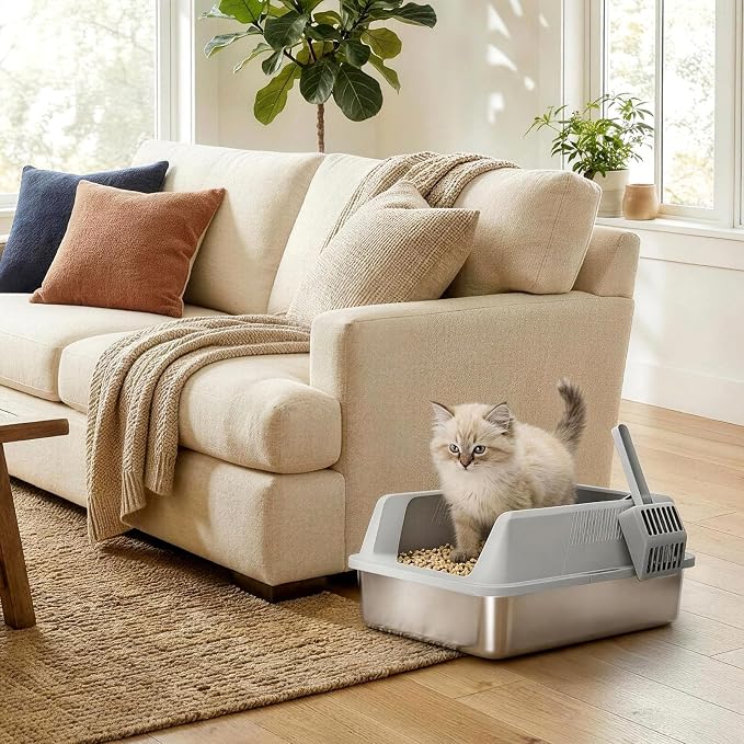 Lifewit Stainless Steel Litter Box for Kitty, Small Metal Cat Litter Tray with Non-Slip Pads, Anti-Leakage Top Entry and High Sided, Easy to Clean, 17.7" L×13.8" W×8.3" H, Gray