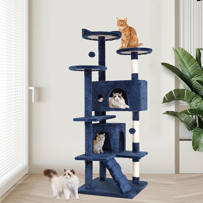 BestPet | 54" Cat Tree Tower | Navy Blue | Sturdy Multi-Level Cat Tree | with Plush Condo, Cozy Perch, Sisal Scratching Posts, Hanging Toy and Stable Frame | Easy Assembly | for Kittens & Adult Cats
