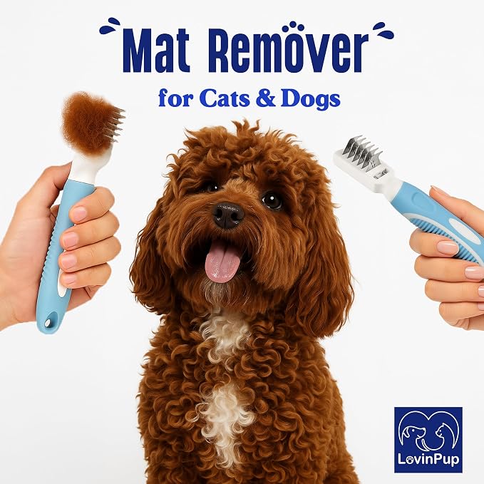Pet Mat Remover – Professional Dematting Comb for Dogs and Cats | Dematting Comb w/Stainless Steel Rounded Teeth for Gentle Knot & Tangle Removal – Dog Dematting Tools & Dog Grooming Supplies