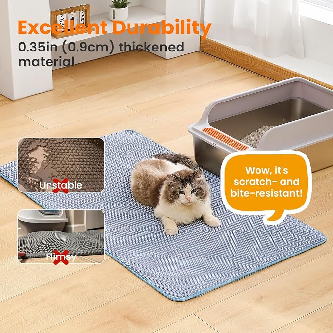 Extra Large Cat Litter Mat XXL, Double Layer Honeycomb, Blue | 46x26”, Reduces Litter Tracking, Easy to Clean, Waterproof, Non-Slip, Soft on Paws, Scratch Resistant, Blue, XXL