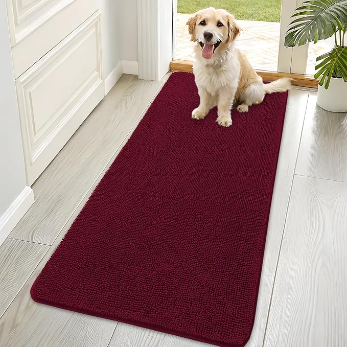 OLANLY Dog Door Mat for Muddy Paws 70x35, Super Absorbent Chenille Mud Mat | Burgundy, Absorbs Moisture and Dirt, Non-Slip Machine Washable Doormat, Quick-Drying Indoor Entryway Floor Carpet for Dogs