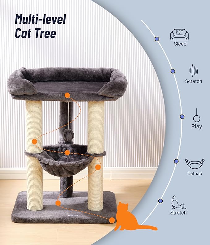Happi N Pets 28" Cat Tree, Large Bed for Big Cats, Small Cat Tower with Soft Perch for Window Viewing, Stable Cat Tree Tower, Cat Scratching Post with Hammock, Removable Cover-Gray