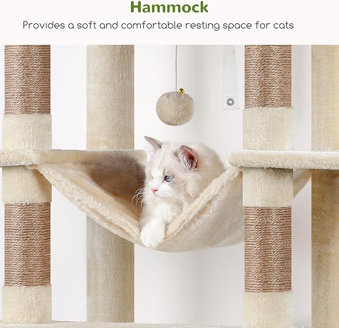 Globlazer Giant Tall Heavy Duty Cat Tower for Indoor Large Cats, F83B | XXL Multi-Level Large Cat Condo with 8 Scratching Posts, Hammock, 2 Cat Caves, 2 Platform, Beige