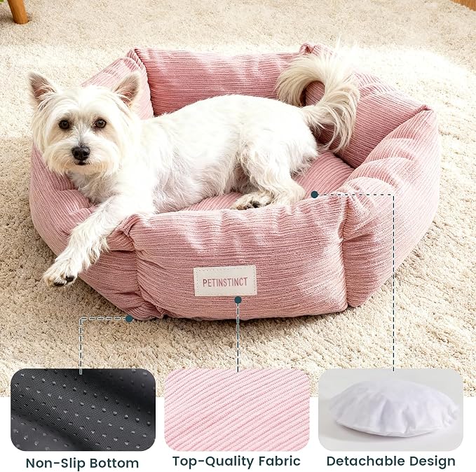 Cat Bed, 22 Inch Washable Corduroy Cat and Small Dog Bed with Removable Cover & Anti-Slip Bottom, Calming Comfort Pet Bed for Pets up to 15 lbs (Pink)