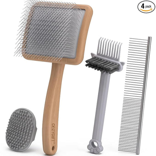 Slicker Brush for Dogs, Professional Dog Grooming Brush Kit 4PCS | Doodles Brush for Goldendoodles Poodles, Long Pin Haired Brush, Easy to Daily Detangling to Prevent Matting
