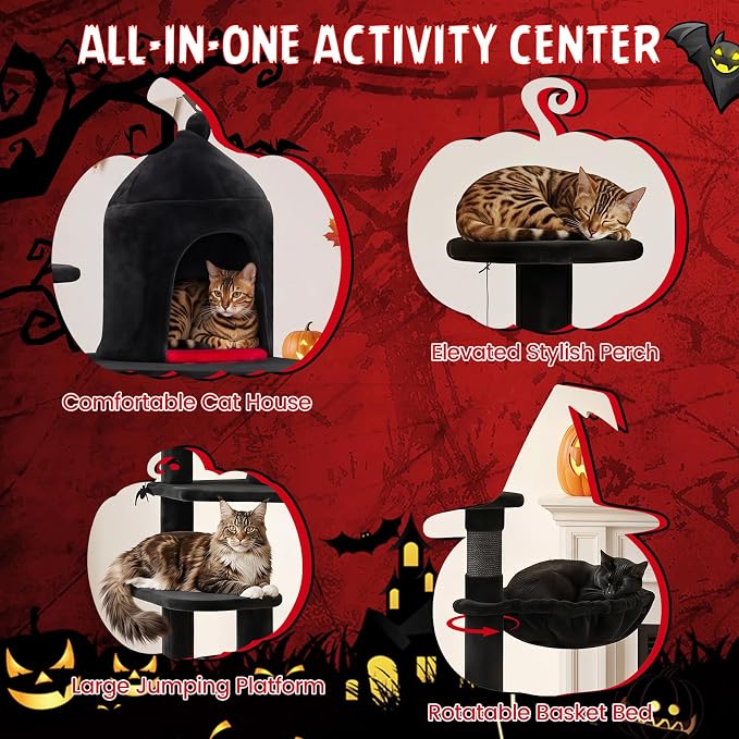 50-inch Gothic Cat Tree, Multi-Level Black Cat Tower | | Robust Scratching Posts | Coffin Bed | Castle-Shaped Comfy Cat Condo | Spider-Shaped Hanging Toy | Scratching Ladder |