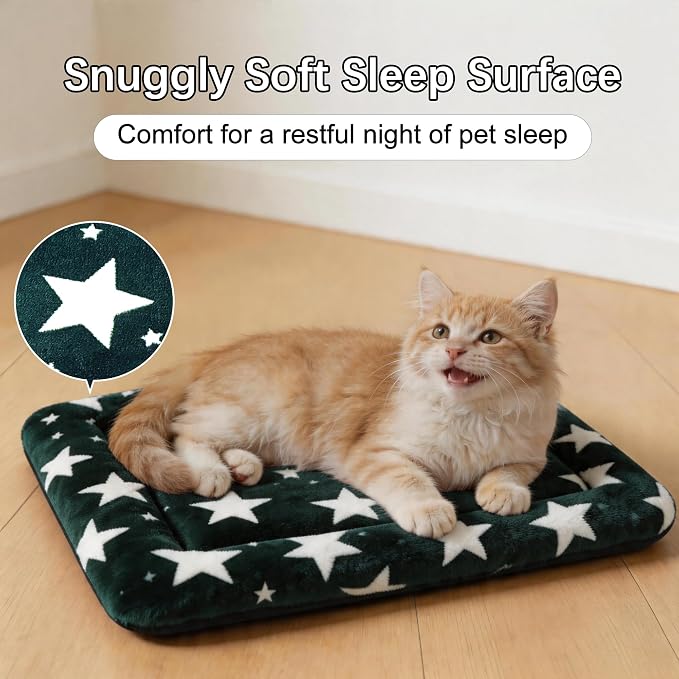 Dog Bed Mat – Soft & Comfortable Dog Kennel Pad for Crate – Durable Crate Bed & Mat for Dogs & Cats – Ideal for Crate, Kennel, and Home Use (Big&Little Stars Green, XS(18"*14"*1.5"))