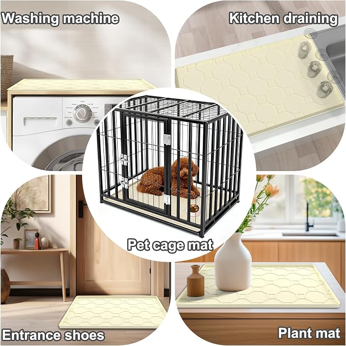 Silicone Cat Litter Mat, 34“ x 22” Waterproof Cat Litter Mats for Floors, Raised Edges Prevent Leaks and Make Cleaning Easy (Beige)