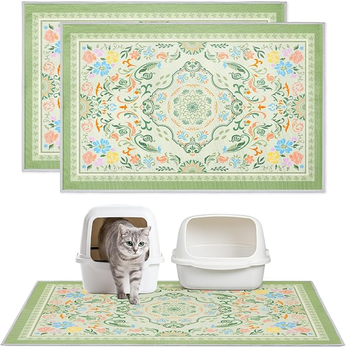 2 Pack Washable Cat Litter Mat 33"x22" Waterproof Trapping Pad | Kitty Litter Box Mat Featuring A Non-Slip Base And Decorative Design To Trap Scatter For Home Floor Protection