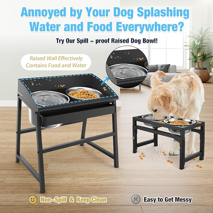 Bobbie & Laxi 15" Tilted Elevated Dog Bowl, Large Breeds Non-Spill Design | Raised Dog Bowl with Stand; Stainless Steel Food&Water Bowl Set with Splash Guard; Easy Clean for Indoor Dry-Use Areas