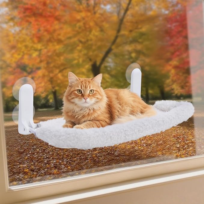 SMOUATOU Cat Window Perch, Cordless Foldable Cat Hammock Bed with 4 Suction Cups, Embeded Machine Washable Bed for Indoor Cats, Strong Metal Frame Holds 40lbs (Beige,Cotton Binding)