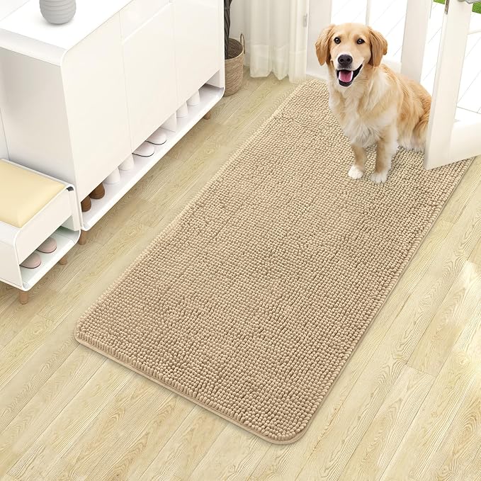 OLANLY Dog Door Mat for Muddy Paws 40x24, Super Absorbent Chenille Mud Mat | Beige, Absorbs Moisture and Dirt, Non-Slip Machine Washable Doormat, Quick-Drying Indoor Entryway Floor Carpet for Dogs