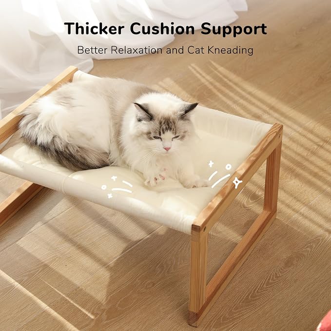 FUKUMARU Cat Bed Hammock, Cozy Velvet Cat Couch for Indoor Cats, Raised Wooden Cats Perch, 21 Inch Pet Sofa, Outdoor Dog Beds, Suitable for Puppy, Bunny and Small Animal, White