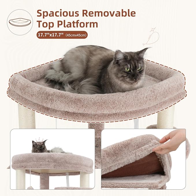 Corner Cat Tree, All Sisal Multi-Cat Scratching Posts GCT035MU | 63.8" Cat Tower for Indoor Cats with Cat Condo, 2 Large Cat Caves, Big Top Perch, 2 Hanging Baskets & Sisal Ramp, Muchroom