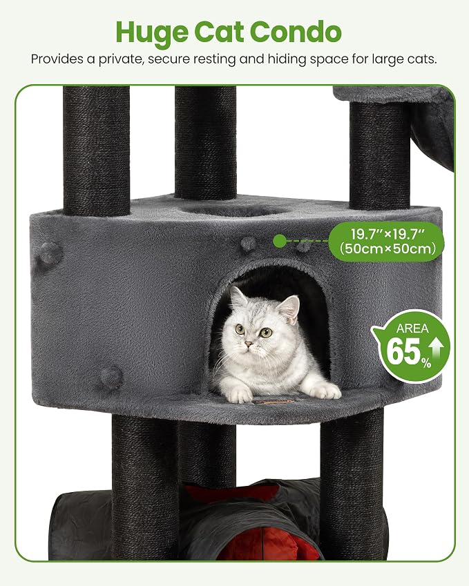 Cat Tree Tower for Large Cats Adult - 60 Inch XXL Sturdy Heavy Duty Extra Wide Scratching Posts (φ4.4in) Condo - Indoor Big Cat House Hammock Perch - XL Wood Multi Level Feline Pet Bed Trees Houses