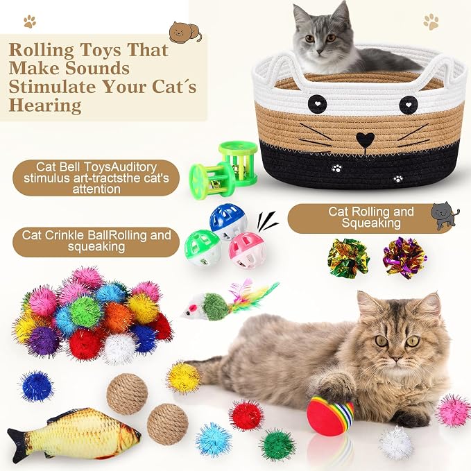 Zopeal 76 Pcs Cat Storage Basket Gift Toys Set Interactive Cat Toys Kitten Wand Colorful Flashing Balls Pet Crinkle Balls Attract Kitten to Swat, Hunt for Pet Indoor(White,Coffee,Black)