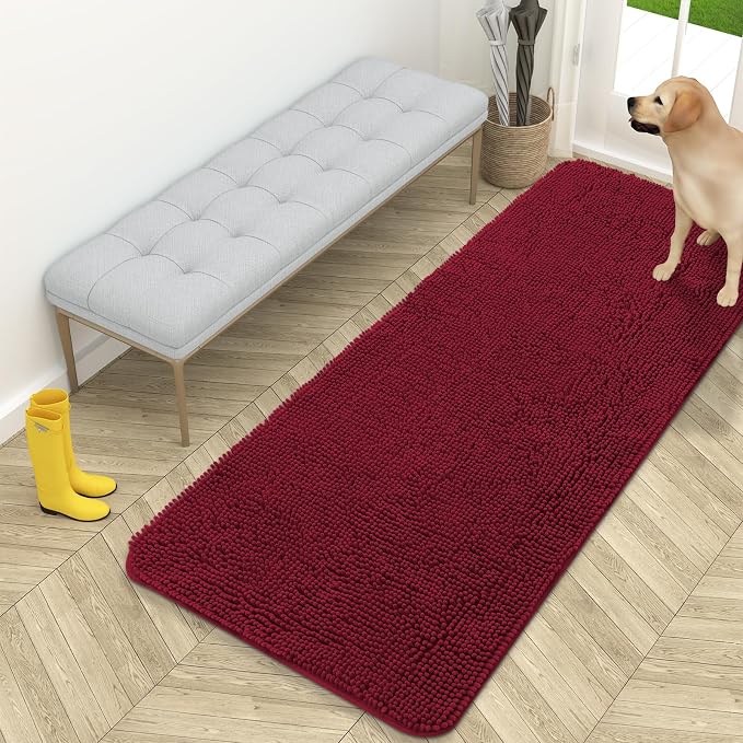 OLANLY Dog Door Mat for Muddy Paws 59x24, Super Absorbent Chenille Mud Mat | Burgundy, Absorbs Moisture and Dirt, Non-Slip Machine Washable Doormat, Quick-Drying Indoor Entryway Floor Carpet for Dogs