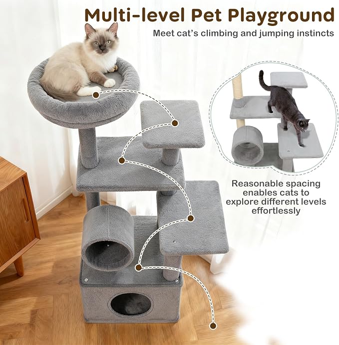 Multi-Level Cat Tree Tower, 48 Inches Tall with Sisal Scratching Posts, Condo, Tunnel with Dangling Ball Inside, Padded Top Perch, Multiple Jumping Platforms, Ideal for Indoor Cats (Grey)