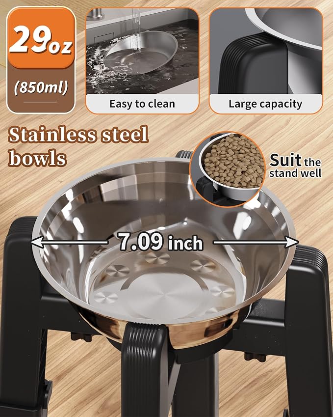 CZPET Dog Bowl Stand, 51 oz Large Capacity Raised Elevated Dog Food/Water Stainless Steel Feeder, Size and Height Adjustable & Anti-Slip Stand for Medium Dogs (2 Pack)