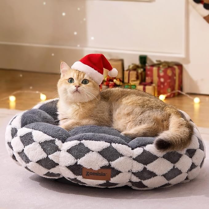 ZOMISIA Cat Beds for Indoor Cats, Cute Donut Kitten Beds for Small Dog, Round Plush Bed for Puppy and Large Cats, Anti-Slip Bottom, Grey