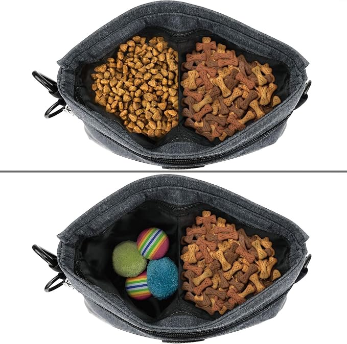 Viklluyr Dog Treat Pouch with Magnetic Closure, 2 Zip Pockets, Removable Inner Pocket, Padded Shoulder Strap, Perfect Food Bag for Agility Training - Including Carabiner