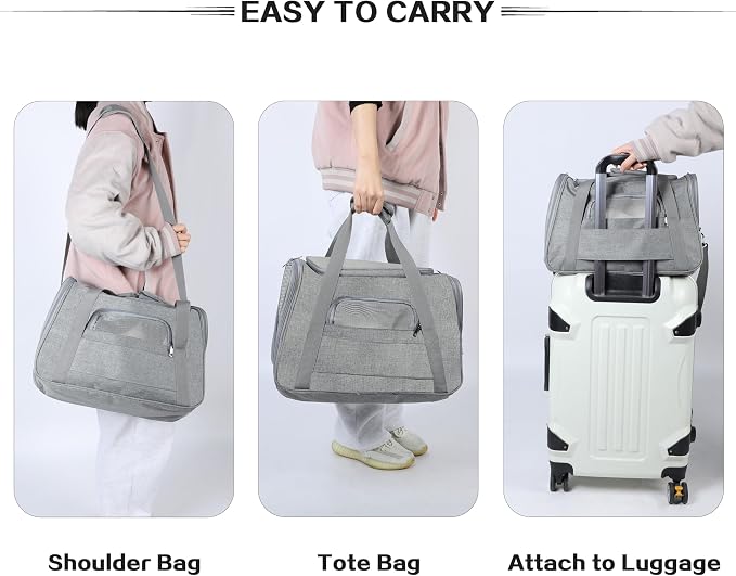 FluffyDream Pet Travel Carrier Soft Sided Portable Bag for Cats, Small Dogs, Kittens or Puppies, Collapsible, Durable, Airline Approved, Travel Friendly (Grey, 17.0" L x 10.0" W x 11.0" H) (Grey)
