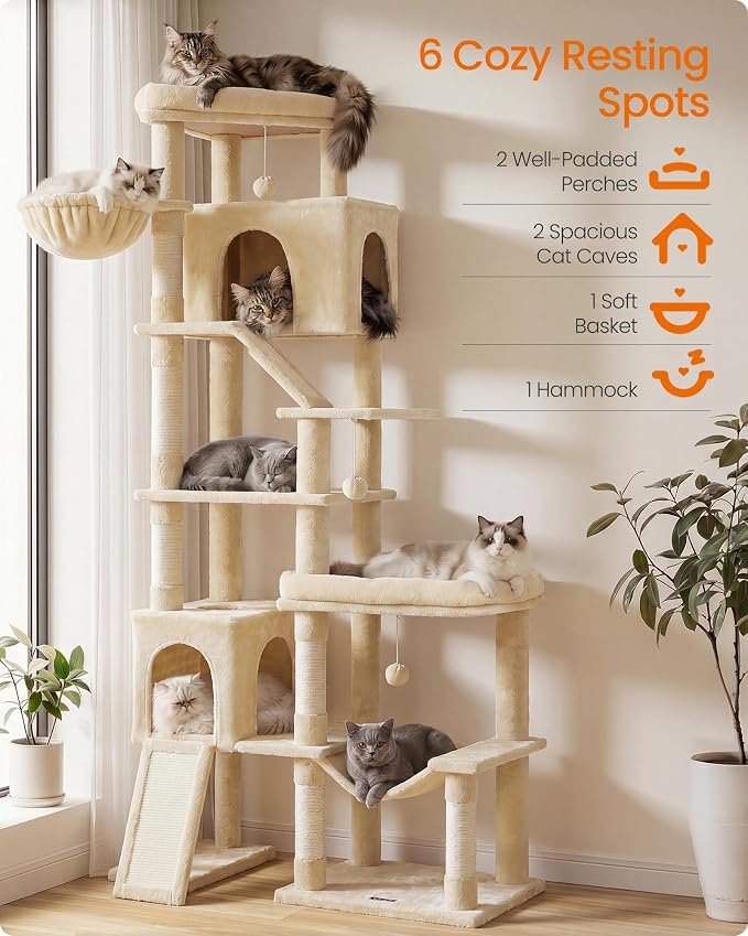 Feandrea Multi-Level Cat Tree for Large Cats, 79.5 inch Tall Cat Tower with 6 Resting Areas and Sisal Scratching Posts, 41.3 x 17.7 x 79.5 inch, Beige Clawfy Collection UPCT020Y101