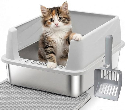 Stainless Steel Litter Box with High Sides, Small Metal Litter Box for Kittens & Medium Cats, Low Entry Kitten Litter Boxes with Scoop and Mat, Non-Sticky, Anti-Urine Leakage, Easy Cleaning