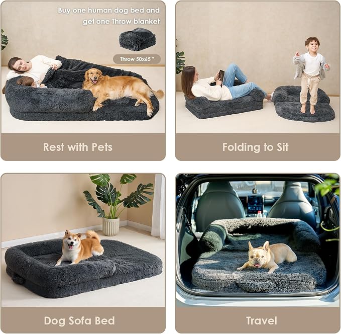 EHEYCIGA Foldable XXL Dog Bed for Large Sized Dog, 54"x38"x7.5" Faux Fur Fluffy Pet Couch Bed, Orthopedic Calming Memory Foam Big Pet Bed, Washable Pet Sofa Bed with Non-Slip Bottom, Dark Grey