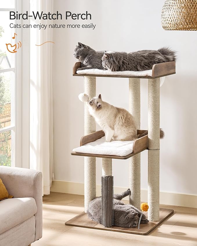 43.7" Cat Tree, Modern Cat Tree Tower, Cat Tower for Indoor Cats Large Adult, Cat Condo with Scratching Post, Large Perch and Removable Pads, Greige